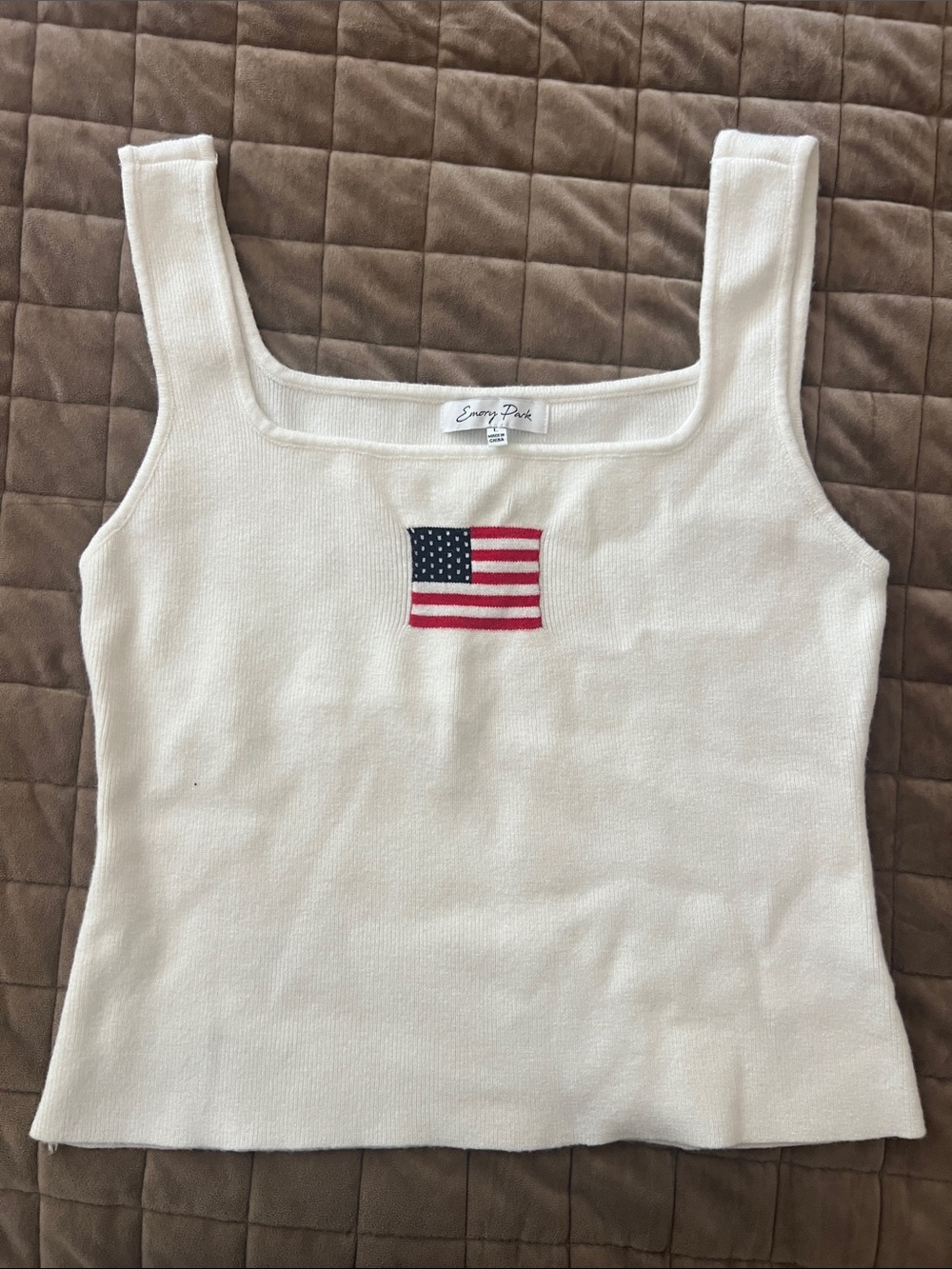 Boutique White Knit Tank with Flag Embroidery